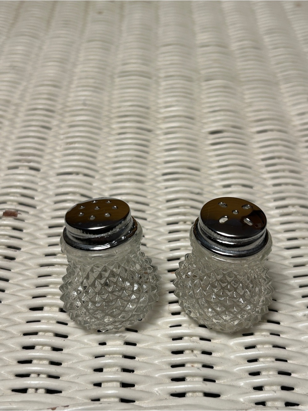 Vintage Pressed Glass Salt & Pepper Shakers Diamond Pattern Chrome Tops